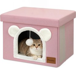 Heeyoo Polyester Indoor Bed Cave Cat House with Lid, Fluffy Ball & Scratch Pad, Pink