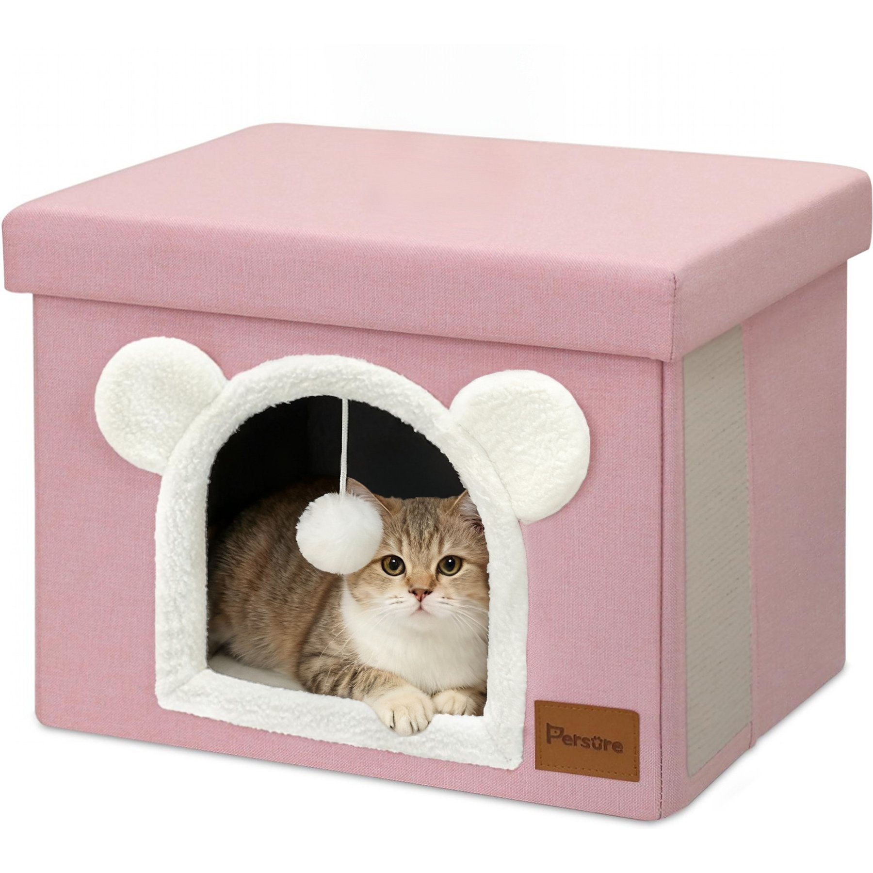 Heeyoo Polyester Indoor Bed Cave Cat House with Lid, Fluffy Ball & Scratch Pad, Pink