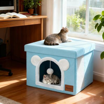 Show full view: Heeyoo Polyester Indoor Bed Cave Cat House with Lid, Fluffy Ball & Scratch Pad, Mint Green slide 6 of 7