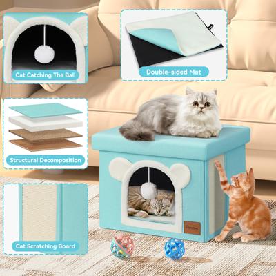 Show full view: Heeyoo Polyester Indoor Bed Cave Cat House with Lid, Fluffy Ball & Scratch Pad, Mint Green slide 3 of 7
