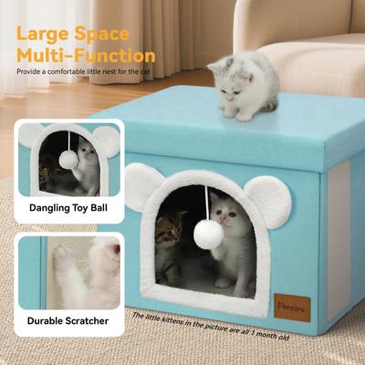 Show full view: Heeyoo Polyester Indoor Bed Cave Cat House with Lid, Fluffy Ball & Scratch Pad, Mint Green slide 2 of 7