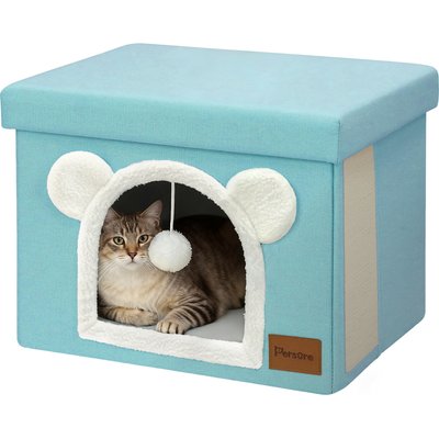 Heeyoo Heeyoo Polyester Indoor Bed Cave Cat House with Lid, Fluffy Ball & Scratch Pad, Mint Green