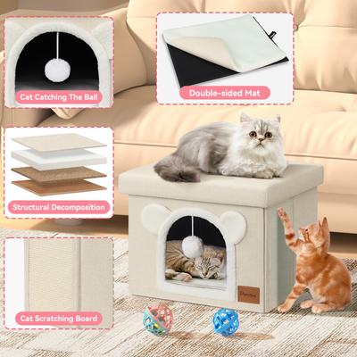 Show full view: Heeyoo Polyester Indoor Bed Cave Cat House with Lid, Fluffy Ball & Scratch Pad, Beige slide 3 of 7