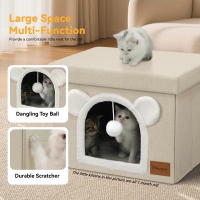 Show full view: Heeyoo Polyester Indoor Bed Cave Cat House with Lid, Fluffy Ball & Scratch Pad, Beige slide 2 of 7