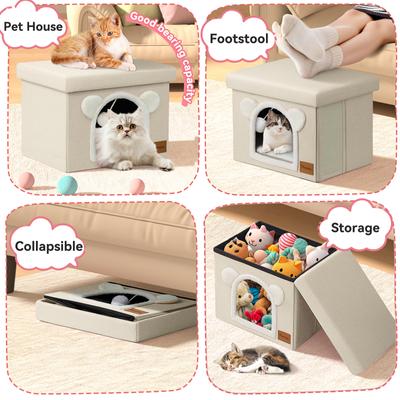 Show full view: Heeyoo Polyester Indoor Bed Cave Cat House with Lid, Fluffy Ball & Scratch Pad, Beige slide 4 of 7