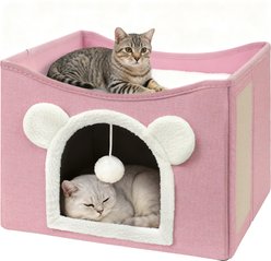 Heeyoo Polyester Indoor Bed Cave Cat House with Fluffy Ball & Scratch Pad, Pink