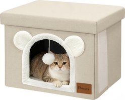 Heeyoo Polyester Indoor Bed Cave Cat House with Lid, Fluffy Ball & Scratch Pad, Beige