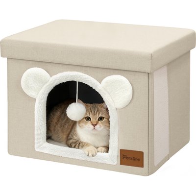 Heeyoo Heeyoo Polyester Indoor Bed Cave Cat House with Lid, Fluffy Ball & Scratch Pad, Beige
