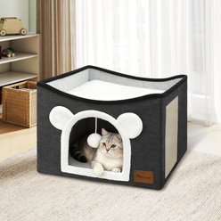 Heeyoo Polyester Indoor Bed Cave Cat House with Fluffy Ball & Scratch Pad, Dark Grey slide 2 of 7