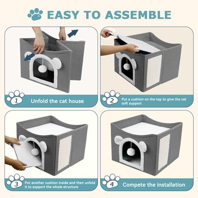 Show full view: Heeyoo Polyester Indoor Bed Cave Cat House with Fluffy Ball & Scratch Pad, Light Grey slide 7 of 7