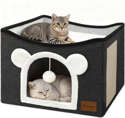 Heeyoo Polyester Indoor Bed Cave Cat House with Fluffy Ball & Scratch Pad, Dark Grey