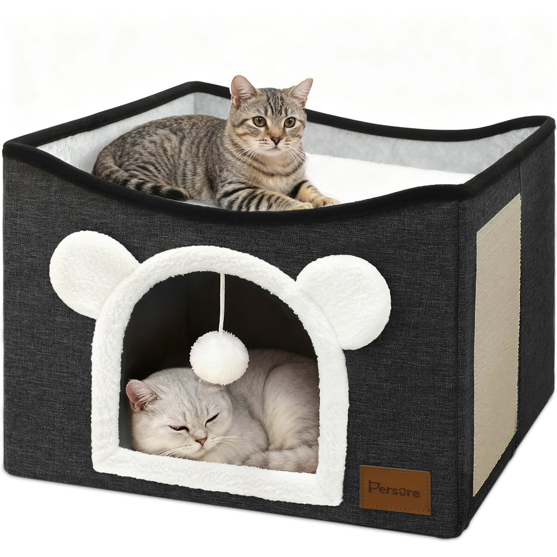 Heeyoo Polyester Indoor Bed Cave Cat House with Fluffy Ball & Scratch Pad, Dark Grey