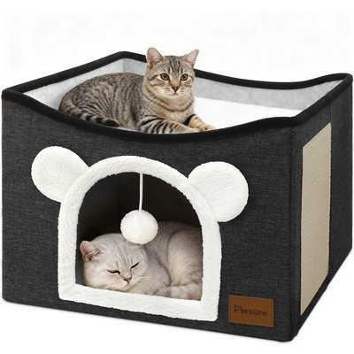 Heeyoo Heeyoo Polyester Indoor Bed Cave Cat House with Fluffy Ball & Scratch Pad, Dark Grey