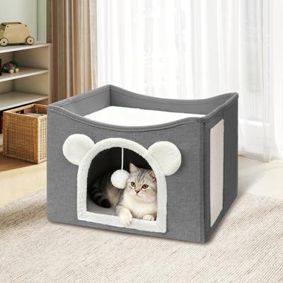 Show full view: Heeyoo Polyester Indoor Bed Cave Cat House with Fluffy Ball & Scratch Pad, Light Grey slide 6 of 7