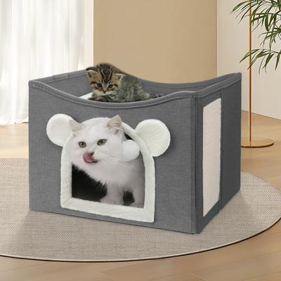 Show full view: Heeyoo Polyester Indoor Bed Cave Cat House with Fluffy Ball & Scratch Pad, Light Grey slide 5 of 7