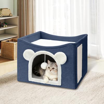 Show full view: Heeyoo Polyester Indoor Bed Cave Cat House with Fluffy Ball & Scratch Pad, Navy slide 7 of 8