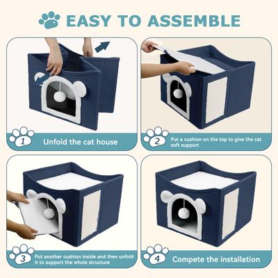 Show full view: Heeyoo Polyester Indoor Bed Cave Cat House with Fluffy Ball & Scratch Pad, Navy slide 8 of 8