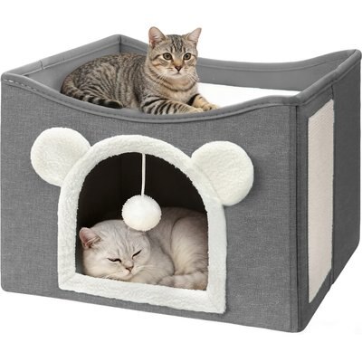 Heeyoo Heeyoo Polyester Indoor Bed Cave Cat House with Fluffy Ball & Scratch Pad, Light Grey