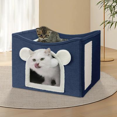 Show full view: Heeyoo Polyester Indoor Bed Cave Cat House with Fluffy Ball & Scratch Pad, Navy slide 6 of 8