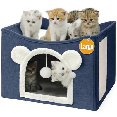 Show full view: Heeyoo Polyester Indoor Bed Cave Cat House with Fluffy Ball & Scratch Pad, Navy slide 5 of 8