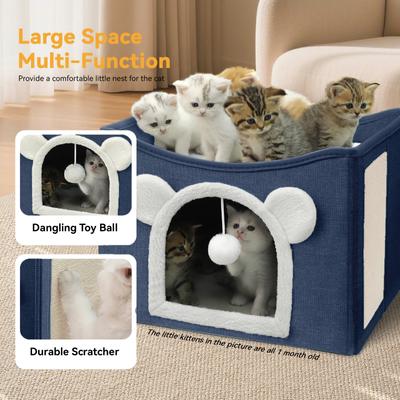 Show full view: Heeyoo Polyester Indoor Bed Cave Cat House with Fluffy Ball & Scratch Pad, Navy slide 4 of 8