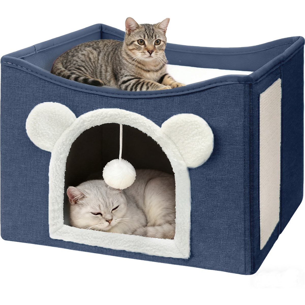 Heeyoo Polyester Indoor Bed Cave Cat House with Fluffy Ball & Scratch Pad, Navy