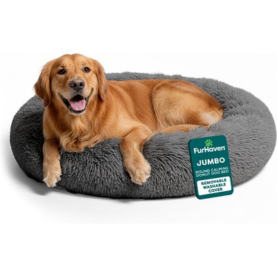 FurHaven FurHaven Calming Cuddler Long Fur Donut Removable Cover Bolster Dog Bed, Gray, Jumbo