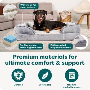 FurHaven Velvet Waves Perfect Comfort Cooling Gel Bolster Cat & Dog Bed with Removable Cover, Granite Gray, Jumbo