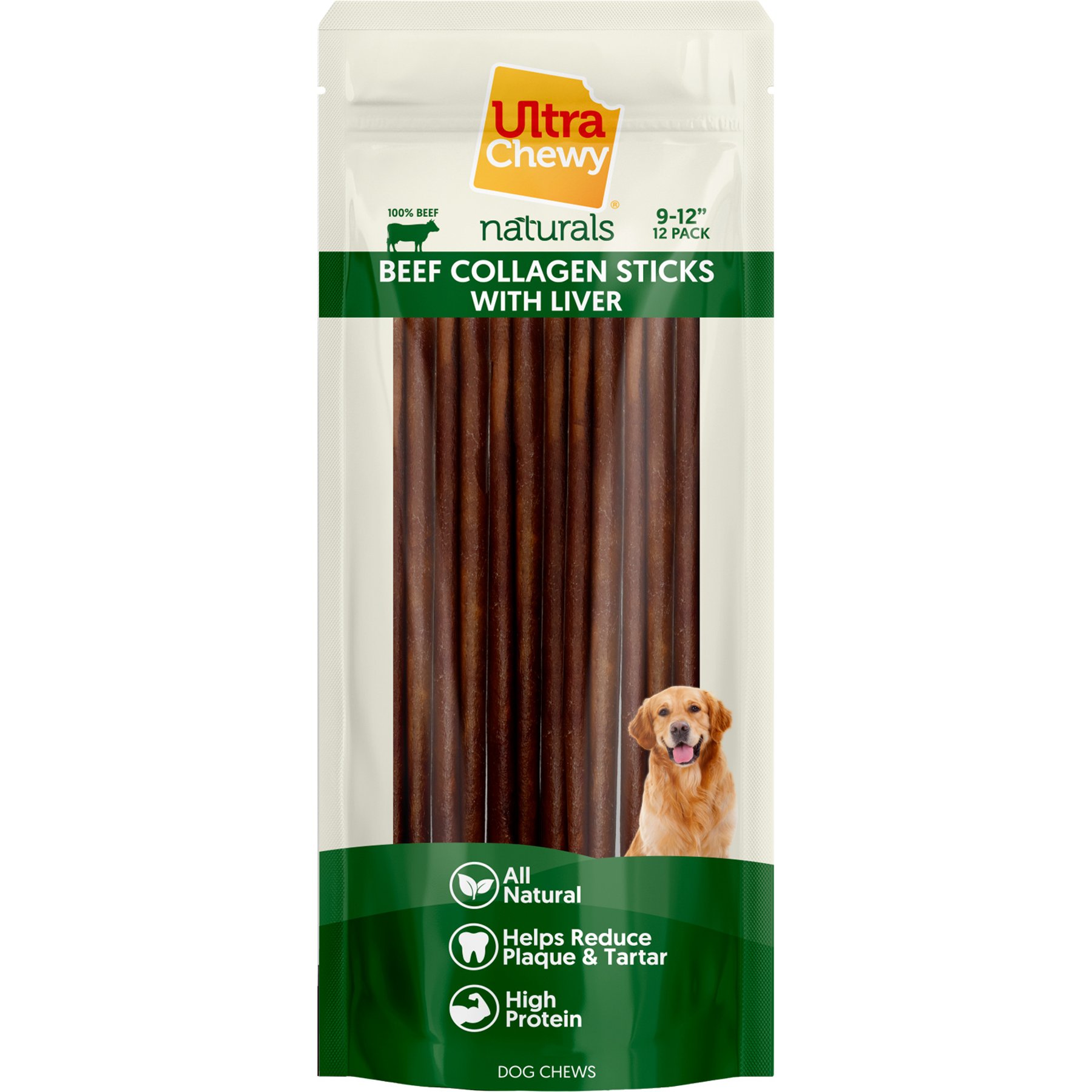 Ultra Chewy Naturals Collagen Sticks 9 to 12-in Beef Chew Dog Treats, 5.4-oz pouch, 12 count
