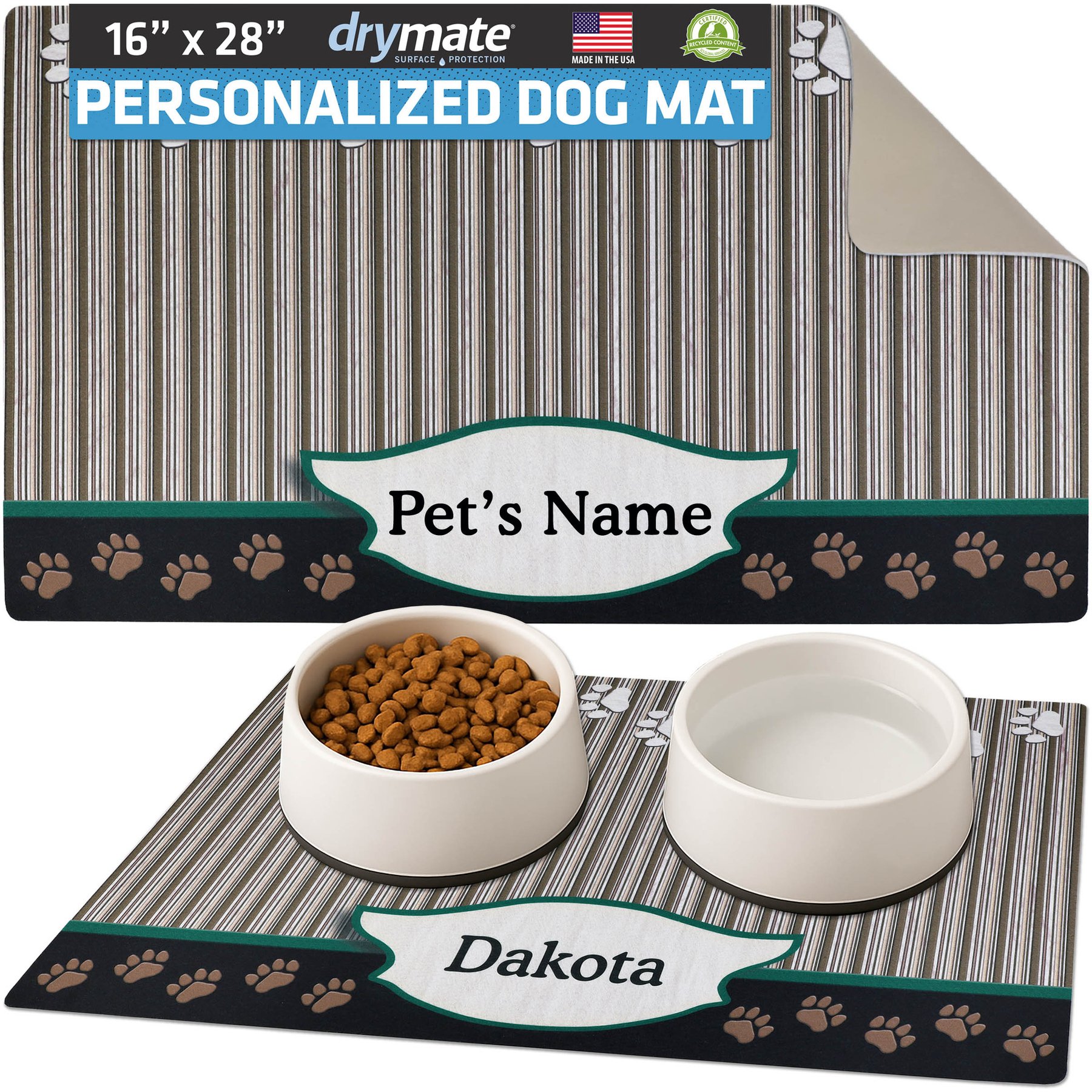 Drymate Green Tan Paw Personalized Dog & Cat Placemat, Large