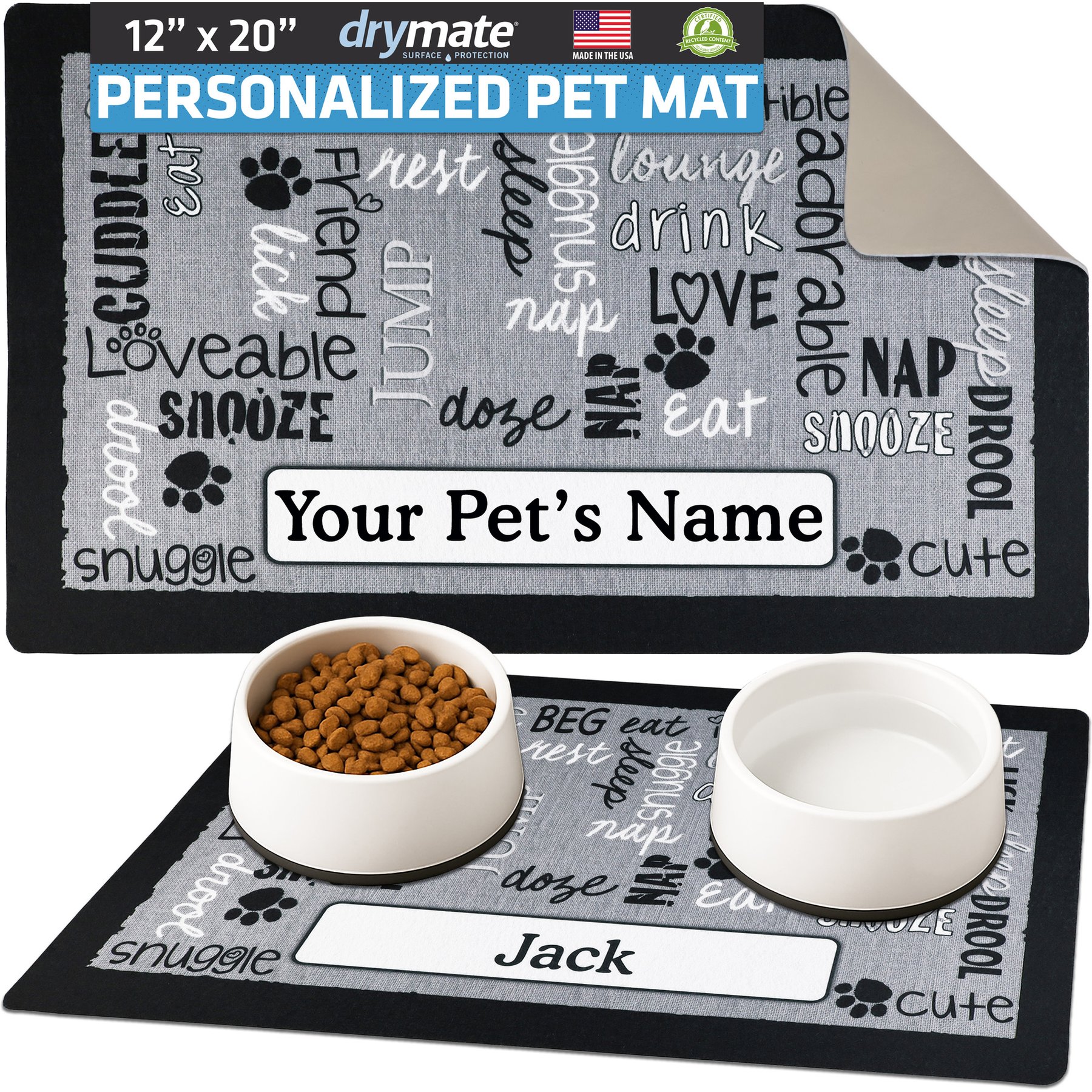 Drymate Linen Personalized Dog & Cat Placemat, Black, Small
