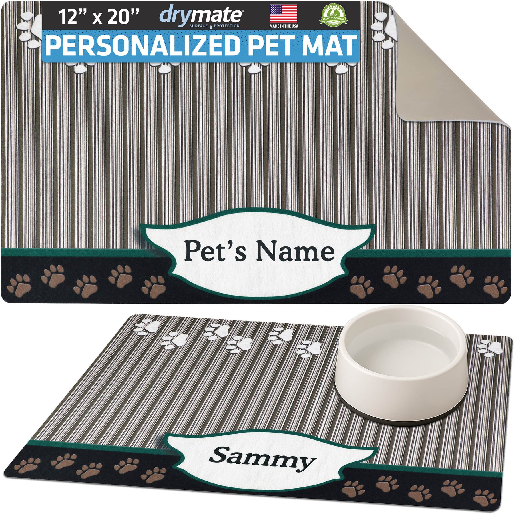 Drymate Green Tan Paw Personalized Dog & Cat Placemat, Small