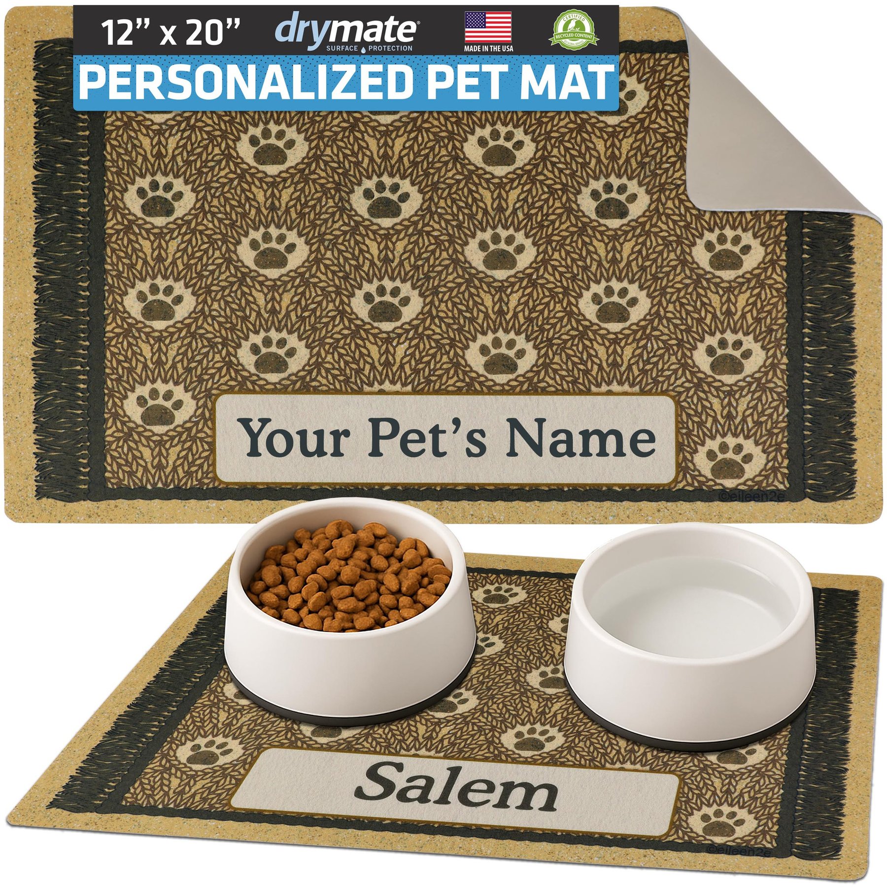 Drymate Paw Braid Personalized Dog & Cat Placemat, Brown, Small