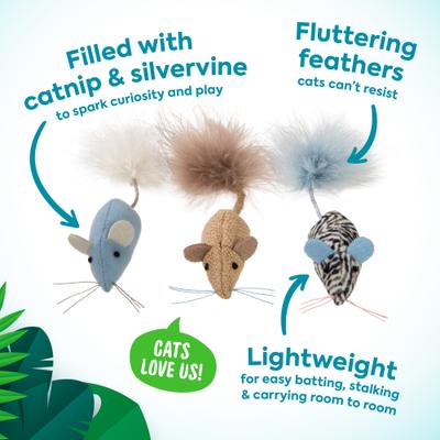Show full view: SmartyKat Instincts Catnip Caravan HappyNip Silvervine Toss & Bat Plush Mice Cat Toys, 3-pack slide 3 of 9