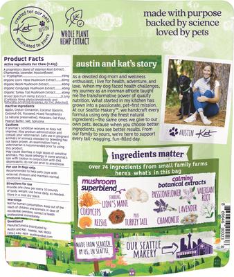 Show full view: Austin and Kat Bailey's Calm & Quiet 14mg Broad Spectrum Hemp Chews Supplement for Dogs, 30 count slide 3 of 7