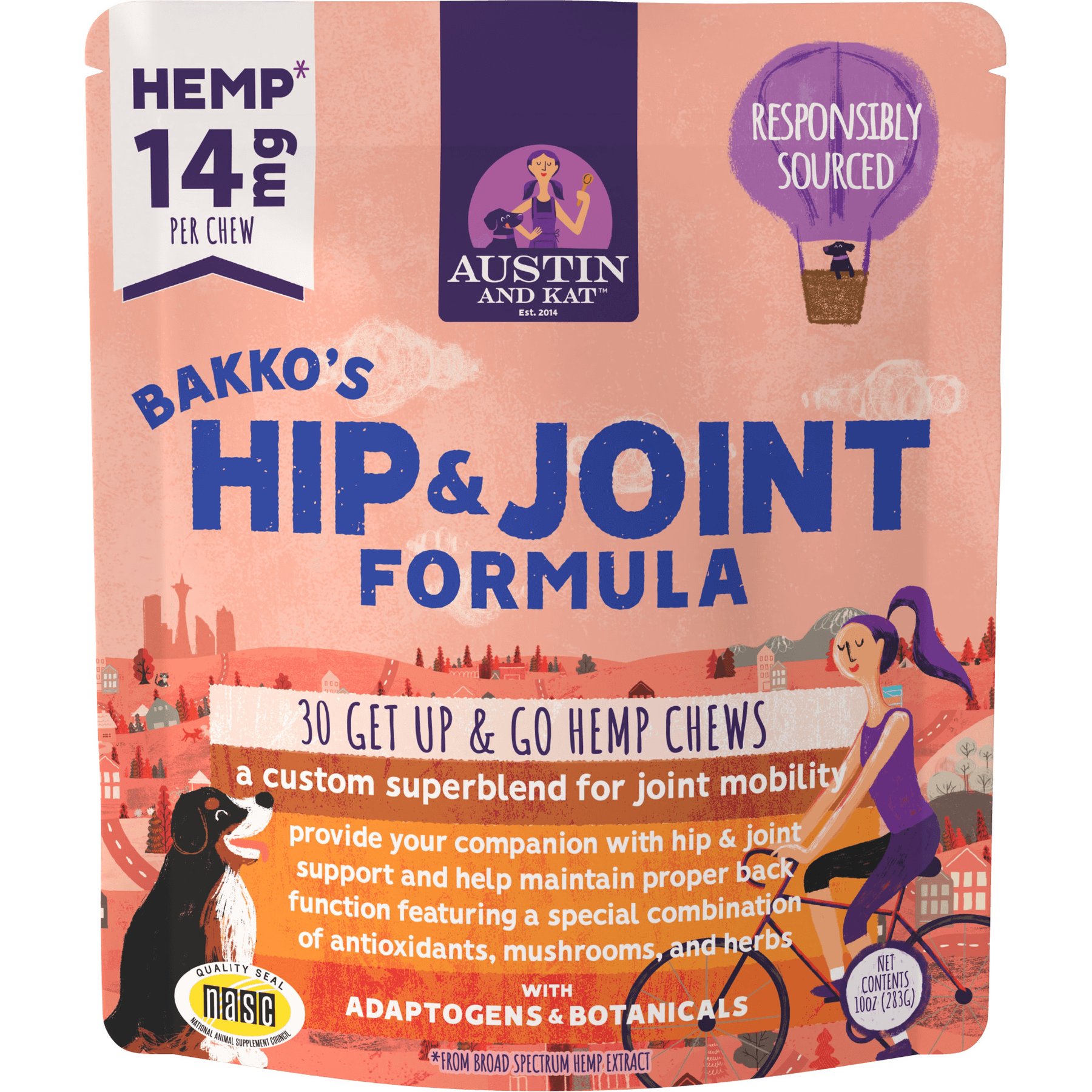 Austin and Kat Bakko's Total Hip & Joint 14mg Broad Spectrum Hemp Chews Supplement for Dogs, 30 count