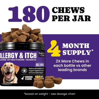 Show full view: BuddyCheer Chicken Flavored Soft Chew Allergy & Skin Relief Supplement for Dogs, 180 count slide 6 of 10