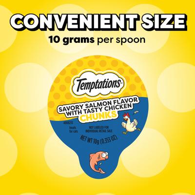 Show full view: Temptations Lickable Spoons Salmon Flavor with Chicken Chunks Lickable Cat Treats, 1.4-oz spoon, 4 count slide 5 of 10