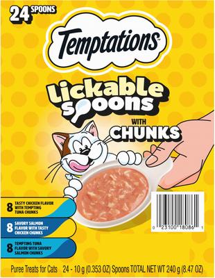 Show full view: Temptations Lickable Spoons Variety Pack Chicken, Salmon & Tuna Lickable Cat Treats, 0.353-oz spoon, 24 count slide 3 of 10