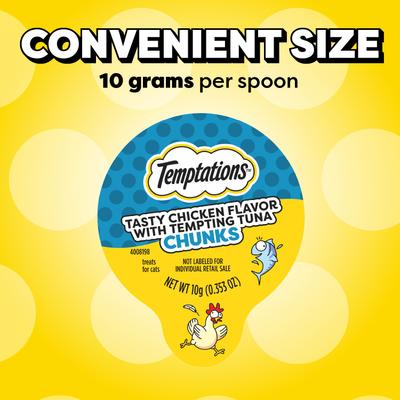 Show full view: Temptations Lickable Spoons Chicken Flavor with Tuna Chunks Lickable Cat Treats, 1.4-oz spoon, 4 count slide 5 of 10