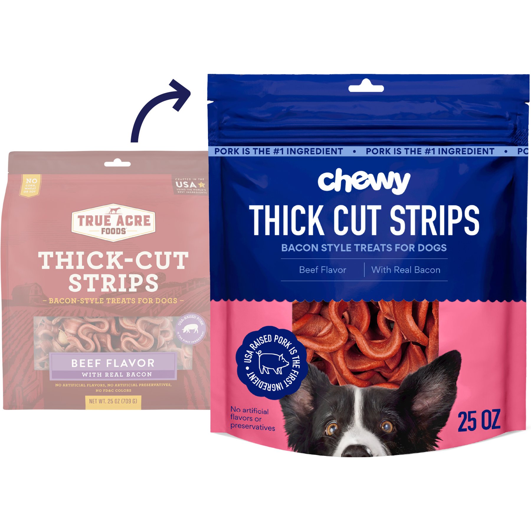 Chewy Made Thick Cut Strips with Real Bacon and Beef Dog Treats (FORMERLY TRUE ACRE FOODS), 25-oz bag
