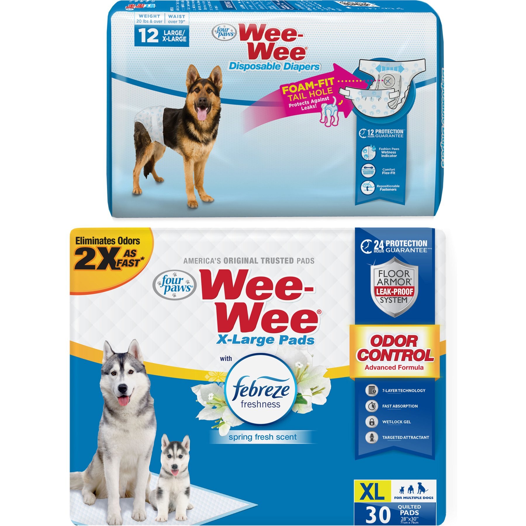 Wee-Wee Disposable Doggie Diapers, Large/X-Large, 12 count + Odor Control Dog Pee Pads, X-Large, 30 count