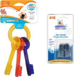 Nylabone Teething Keys Puppy Chew Toy & Nylabone Advanced Oral Care Dog Finger Brush
