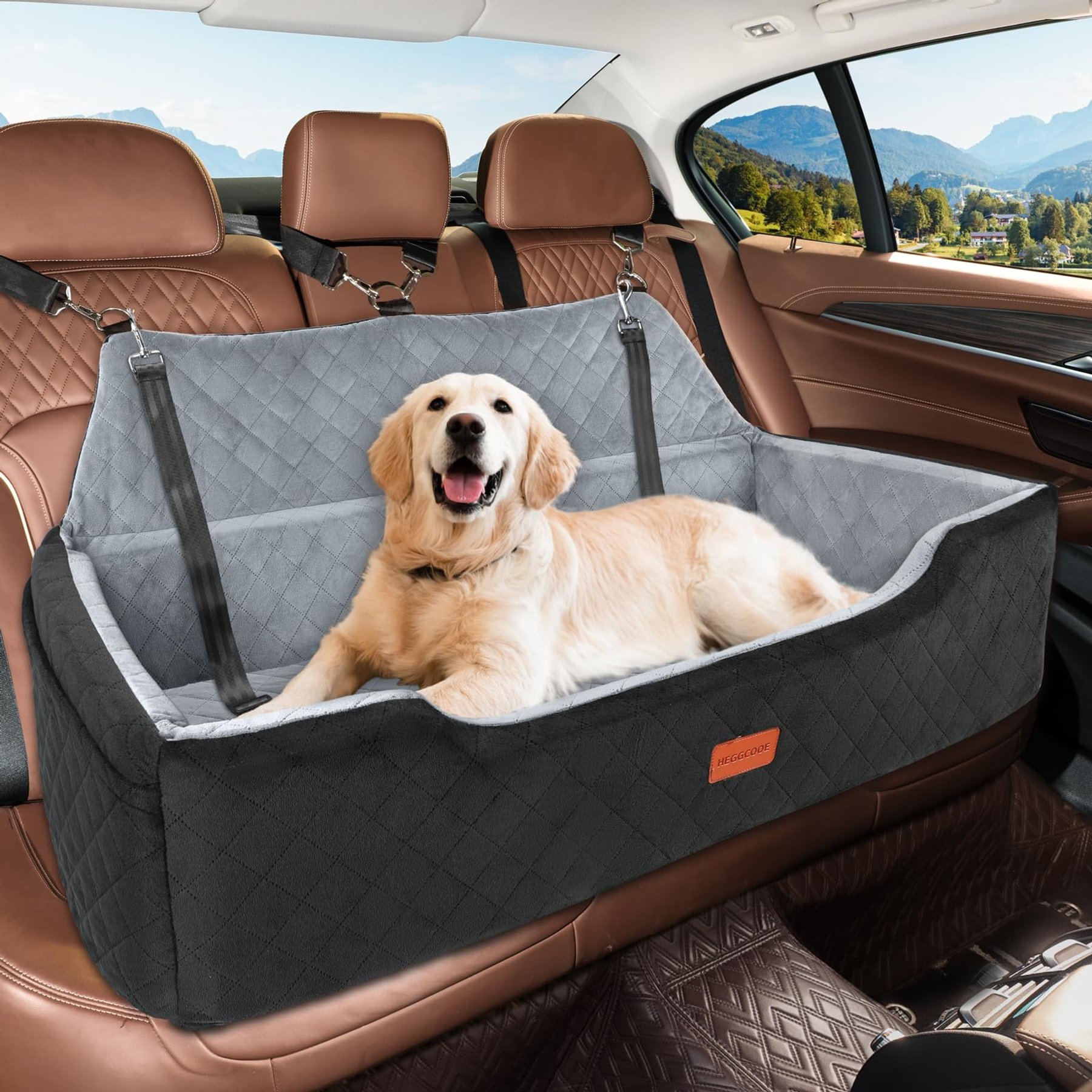 Lealchum Memory Foam Cushion & Non-Slip Base Dog Car Seat with Washable Cover & Safety Straps, 28 x 18 x 12-in, Black/Grey