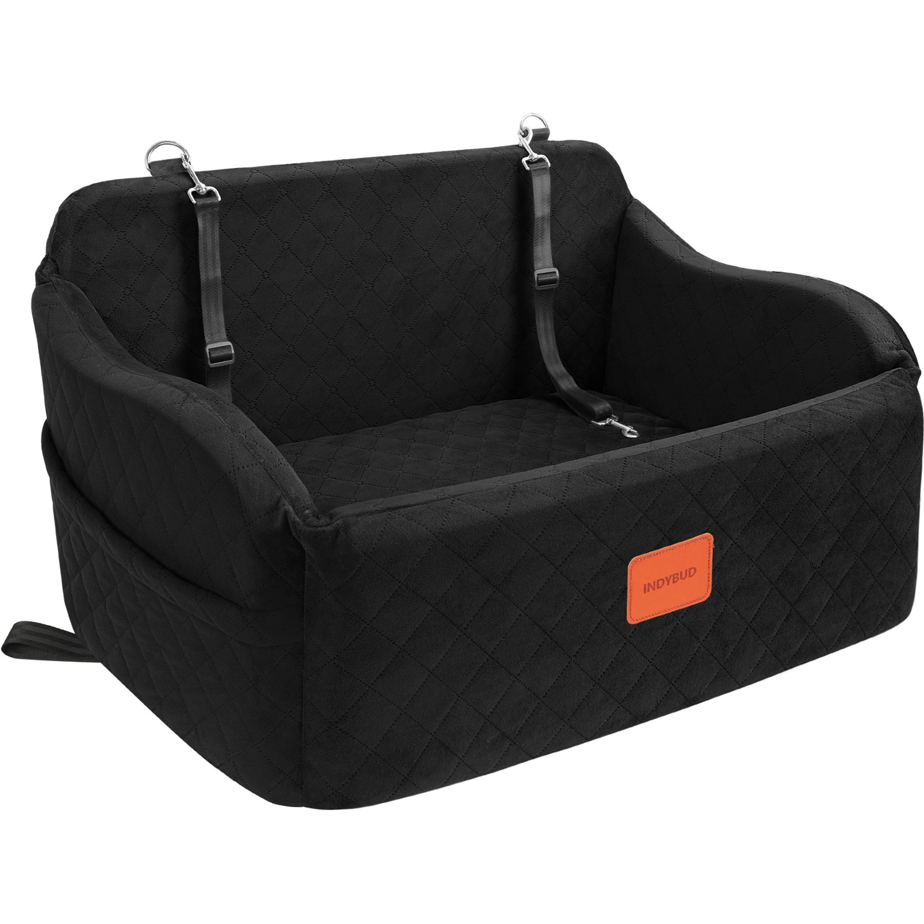 INDYBUD 2 Safety Leashes & Pockets Machine-Washable Car Dog Automobile Booster Seat, 30 x 19 x 15-in, Black