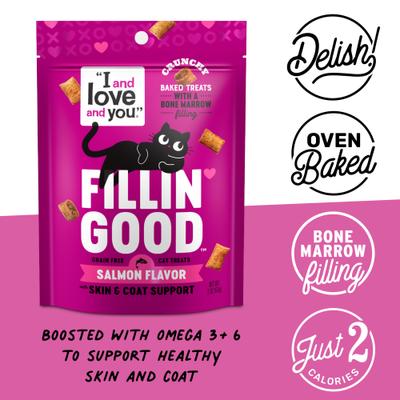 Show full view: I and Love and You Fillin Good Salmon Flavor with Skin & Coat Support Grain-Free Crunchy Cat Treats, 2-oz bag slide 4 of 6