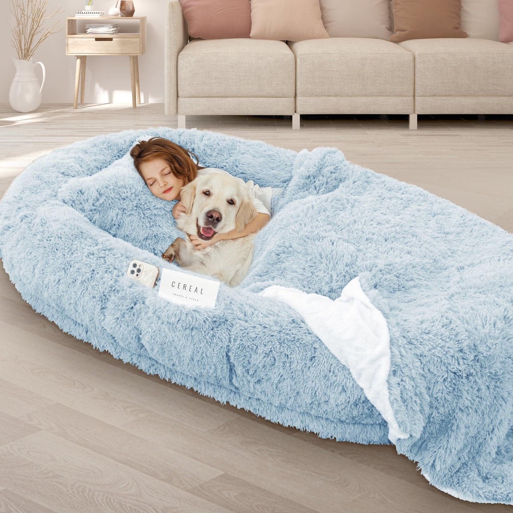 LovMor 10-cm Thick Memory Foam Oversize Human Dog Bed with Plump Pillow & Removable Cover, 78 x 51 x 12-in, Blue