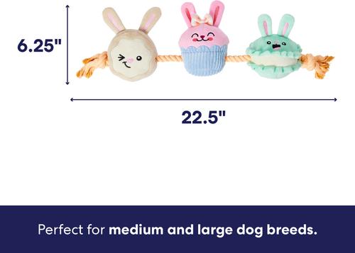 Show full view: Frisco Easter Sweet Treat Bunnies Plush with Rope Squeaky Dog Toy, Medium/Large slide 2 of 8