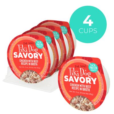 Show full view: Tiki Dog Savory Chicken with Beef Recipe in Broth Grain-Free Wet Dog Food, 3-oz cup, case of 4 slide 4 of 10