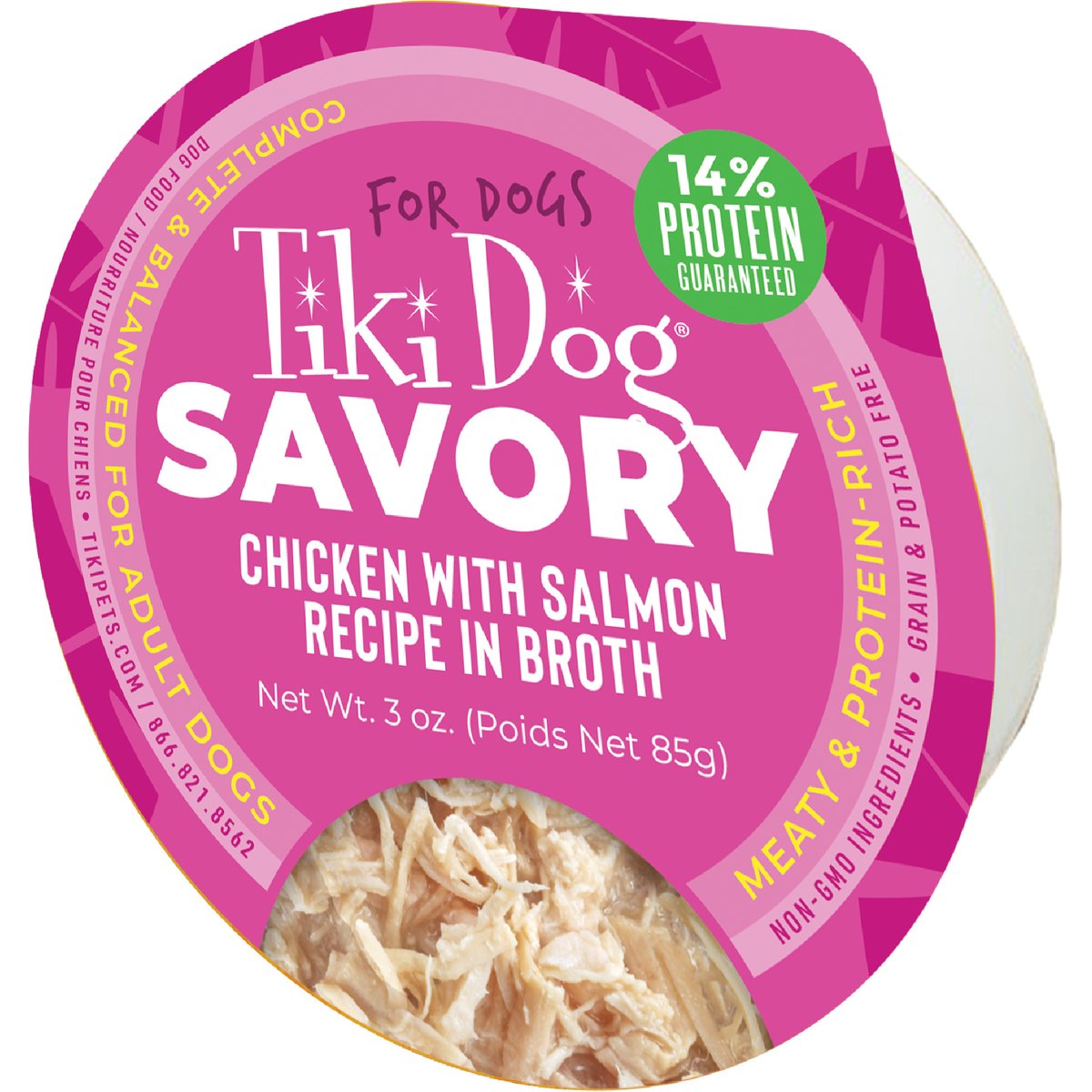 Tiki Dog Savory Chicken with Salmon Recipe in Broth Grain-Free Wet Dog Food, 3-oz cup, case of 4
